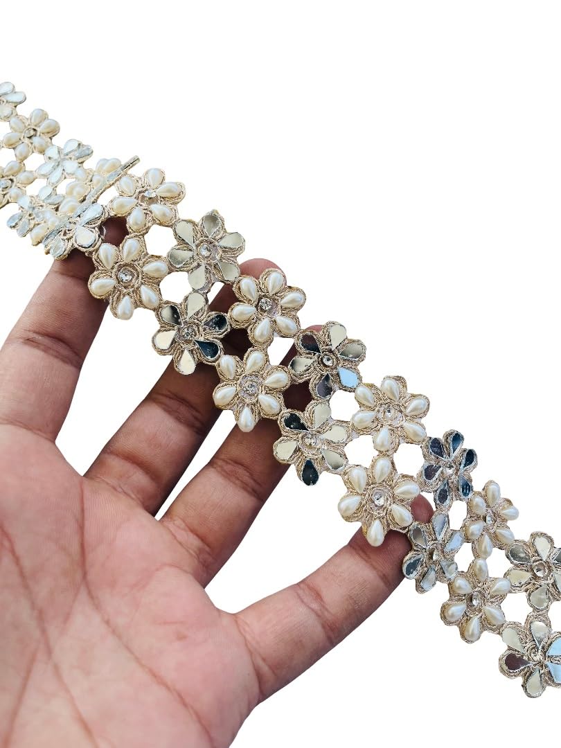 PIYUCRAFTS 1.5 Inch Mirror Pearls Flower Design Trim – Available in 1, 3, 6 Yards – Decorative Lace Border for Sarees, Dresses, DIY Crafts, Wedding Decor, Home Embellishment (1)