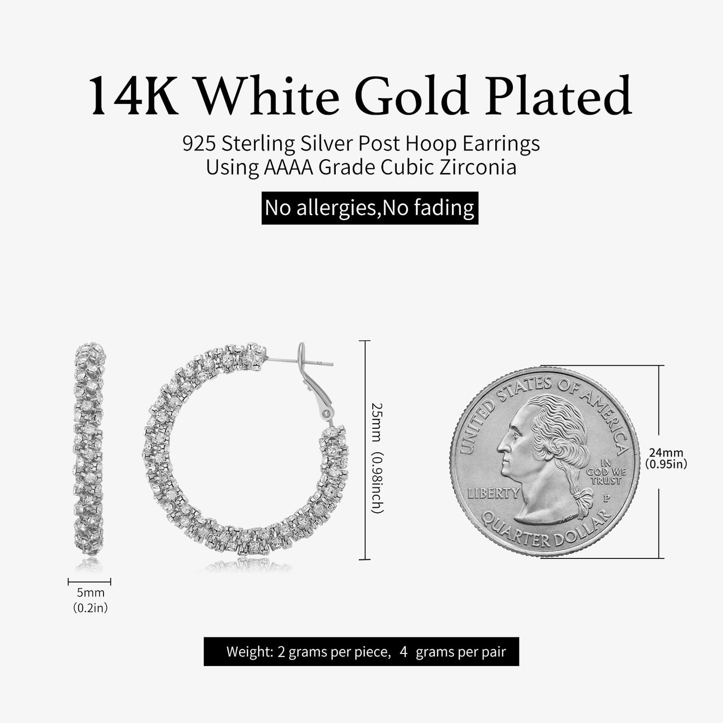 SayovatBek 14K Gold Plated 25–35mm Lightweight Hoop Earrings for Women, Cubic Zirconia, 925 Sterling Silver Post, Hypoallergenic Jewelry