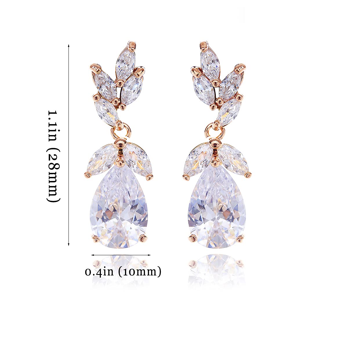 Cubic Zirconia Bridal Earring Rose Gold - Women’s Teardrop CZ Cluster Floral Leaf Crystal Rhinestone Dangle Drop Earring for Bride Bridesmaids Mother of Bride Party Prom