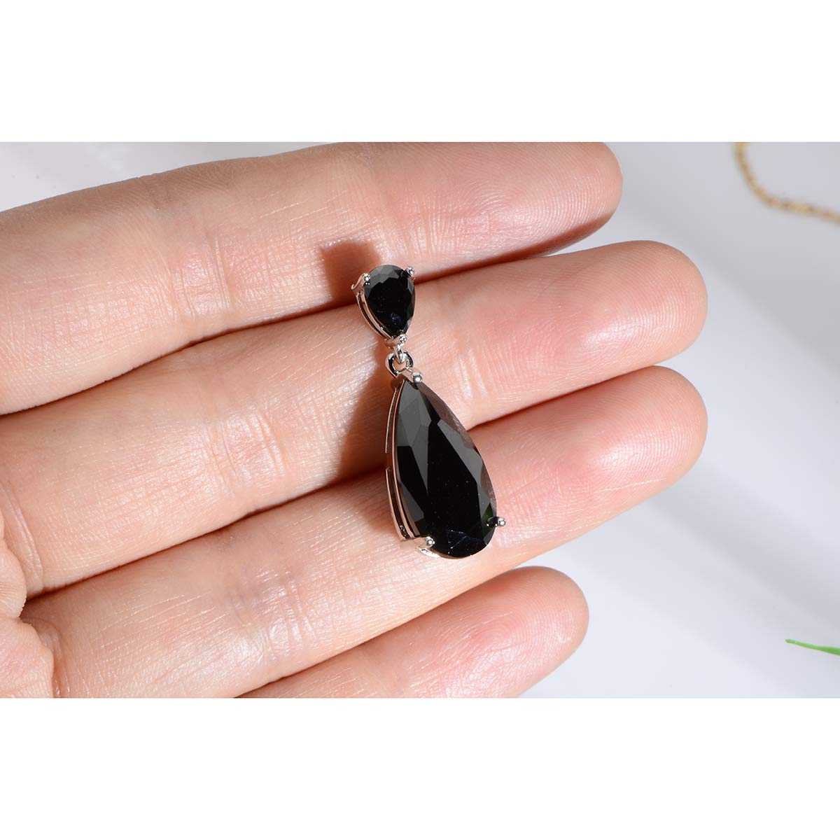 Mycitta Black Jewelry Set for Women - Formal 14k White Gold Plated Teardrop Cubic Zirconia Crystal CZ Rhinestone Drop Earrings and Pendant Necklace Set for Prom Party