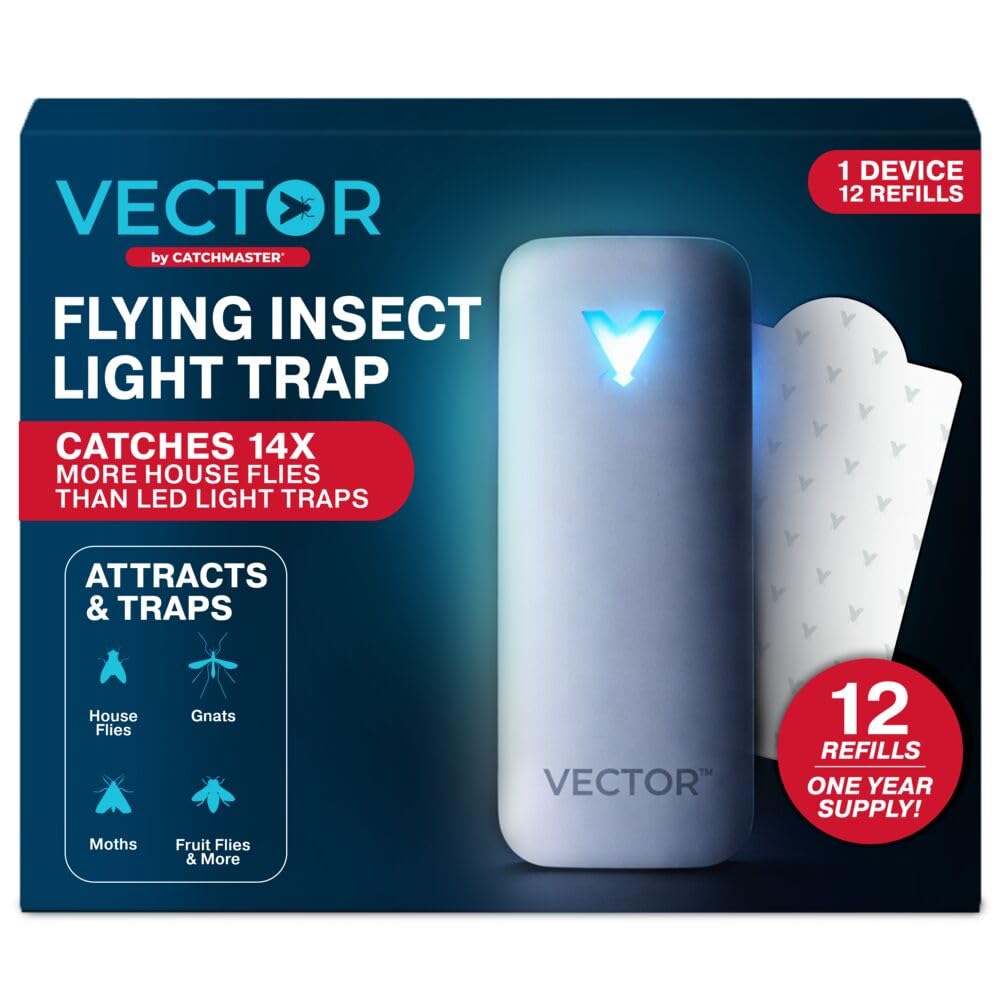 Catchmaster Vector 9 UV Light Plug in Flying Insect Trap - Silent Indoor Bug Catcher for House & Fruit Flies, Gnats & Moths - Mess-Free Easy Setup & Cleanup - with 12 Glue Trap Refills, Year Supply