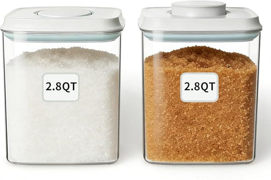 Food Storage Container Set 2.8 Qt Ã2 with Lids, Airtight Pantry Canisters, BPA-Free Plastic Flour Sugar Storage Containers, One-Touch Press-to-Open Lids, Stackable Clear Jars for Rice, Cereal, Coffee