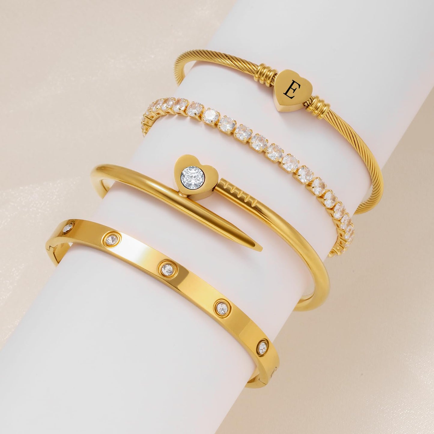 MEIERYA18K Gold Plated Nail love Bangle Bracelet Set for Women,Cubic Zirconia,Adjustable tennis bracelet Trendy Gift Jewelry for Mother's Day Anniversary (05-Style-E)