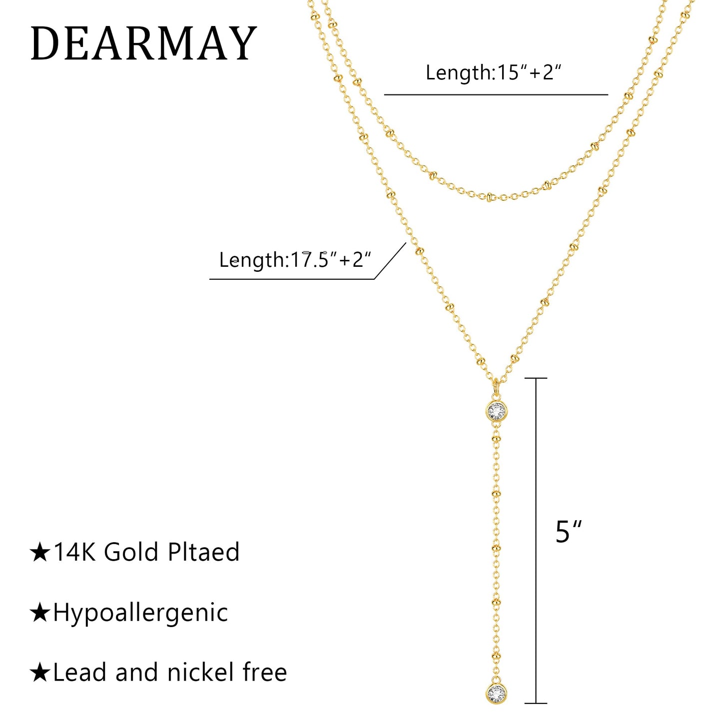 Poaiiu Lariat 14k Gold Plated Necklace for Women, Dainty Long Layered Y Necklaces CZ Pendant Beaded Choker Necklace Simple Trendy Gold Jewelry Gift for Women