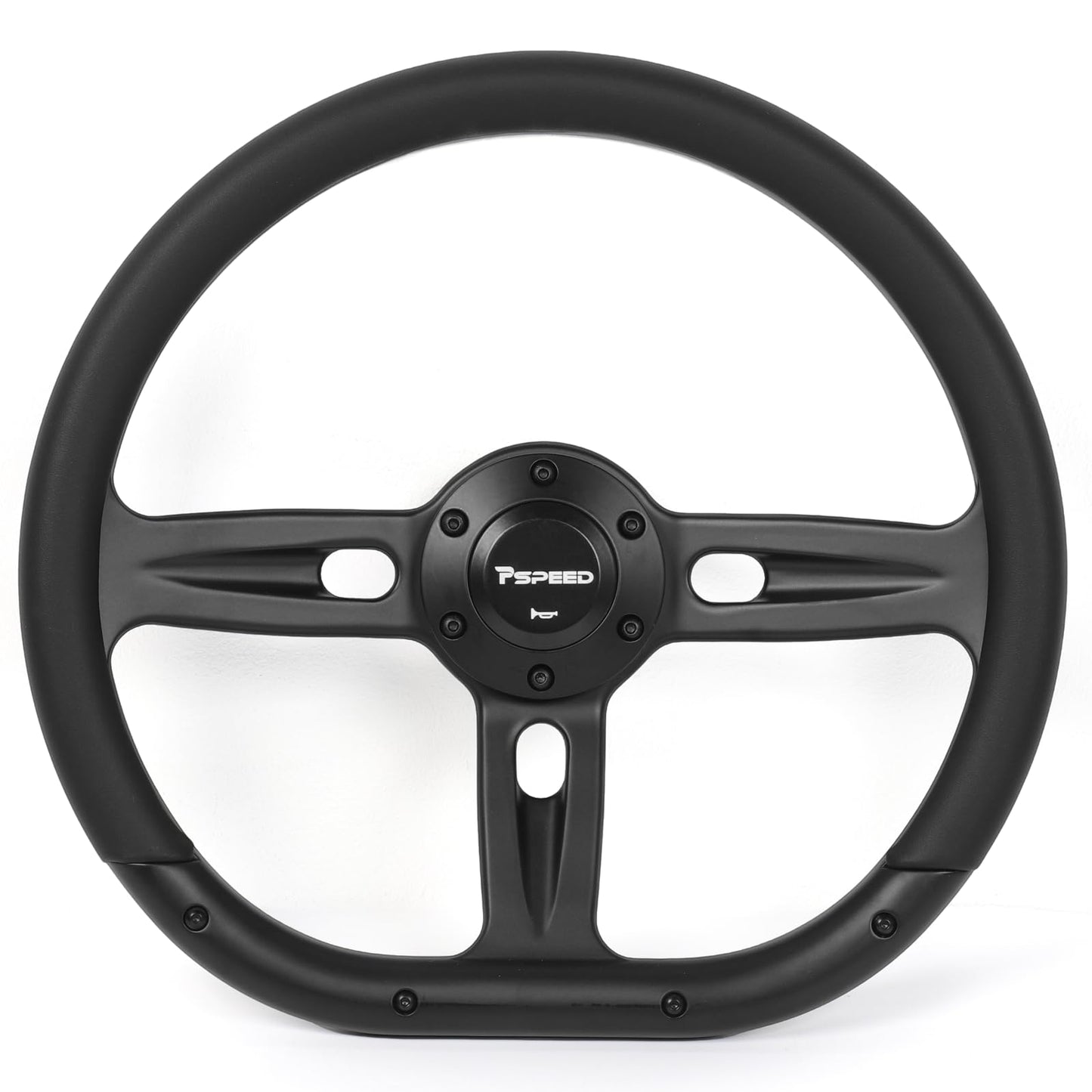 Pspeed 14 inch Universal steering wheel, D-shaped,6 Bolt 3 Spokes Deep Dish 50mm with Aluminum Alloy Matte Black Spokes Black Leather Grip for Cars, for Racing Car,for Classic Car steering wheel