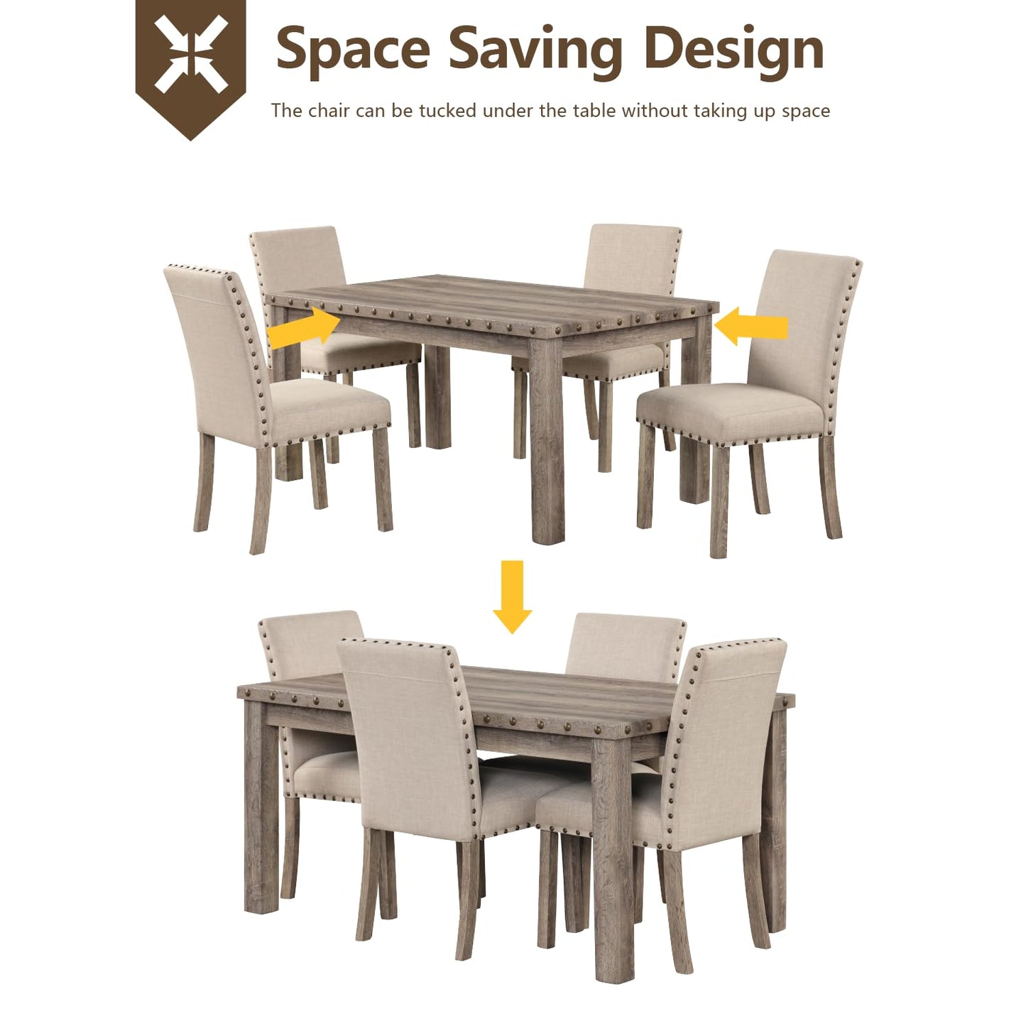 Morden Fort Farmhouse Dining Set for 4, 60" Rectangular Wooden Table & 4 Upholstered Chairs with Nailhead Accents, 5-Piece Kitchen Table Set for Dining Room, Breakfast Nook, Antique Rustic