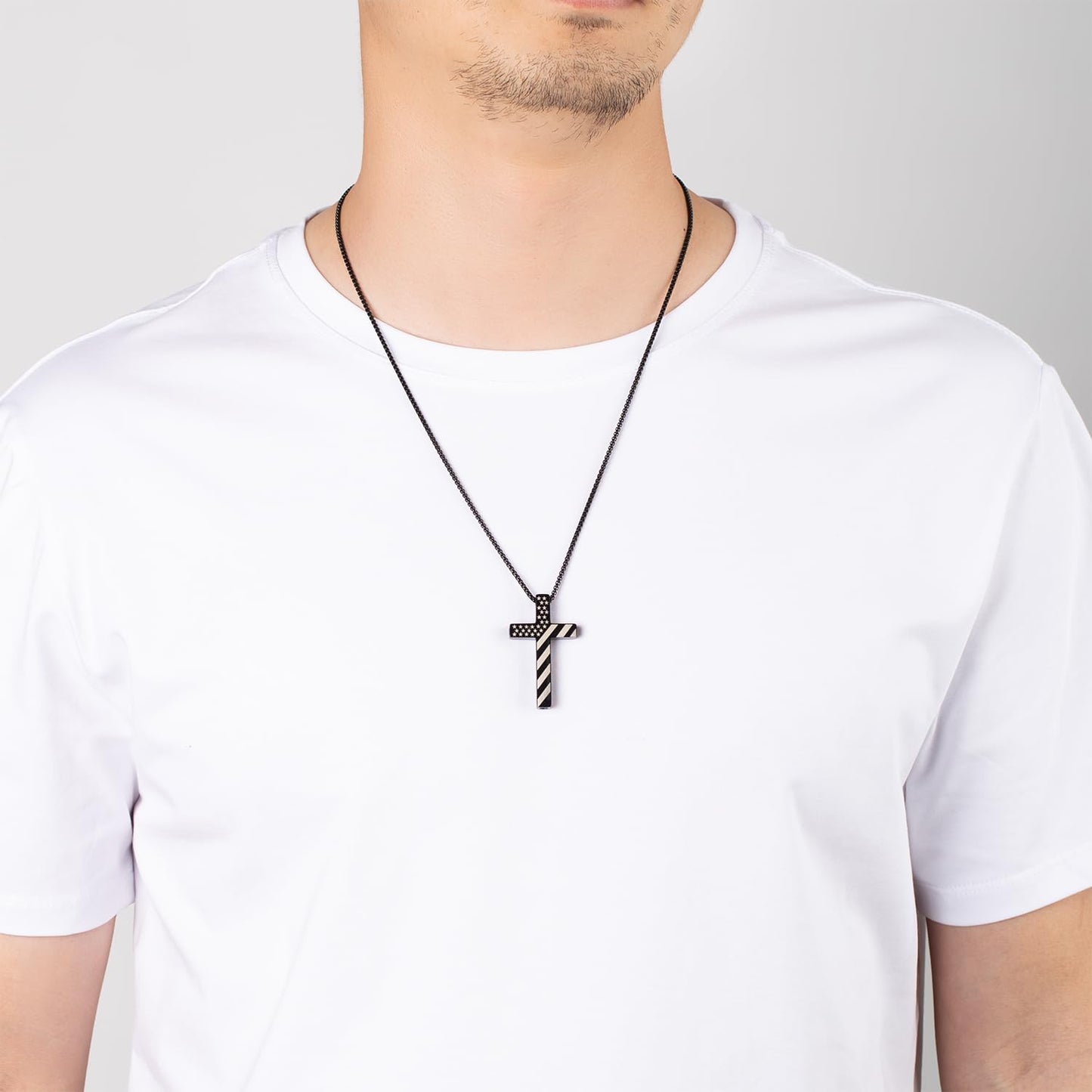 FUNPAR American Flag Cross Breathing Necklace, Stainless Steel Patriotic Jewelry, Inspirational Bible Verse Cross Necklace, Anxiety Relief Items for Men Christian Gift(Black 0000)