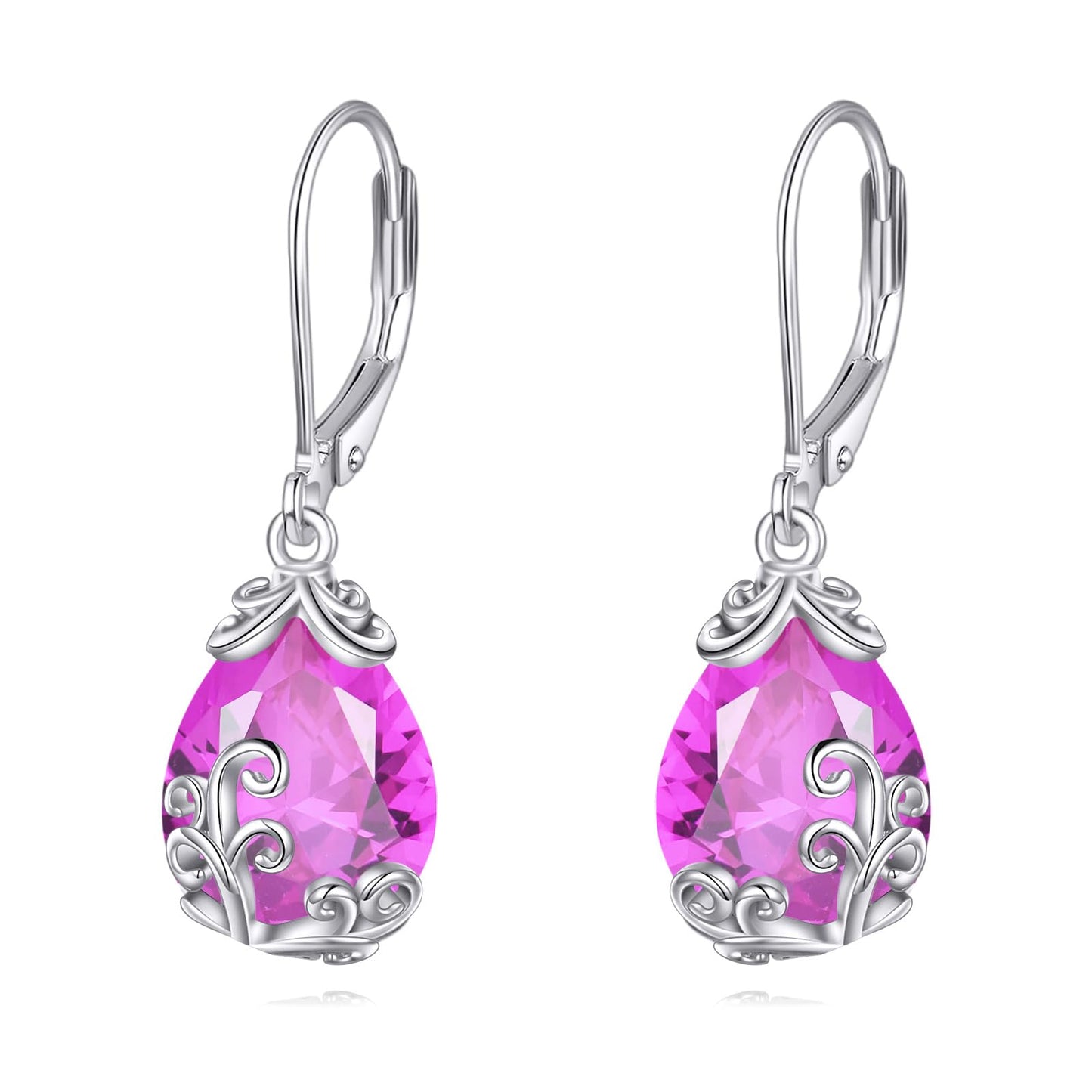 POPLYKE BirthStone Filigree Dangle Earrings Sterling Silver Pink Tourmaline Leverback Earrings October Birthstone Jewelry Gifts for Women