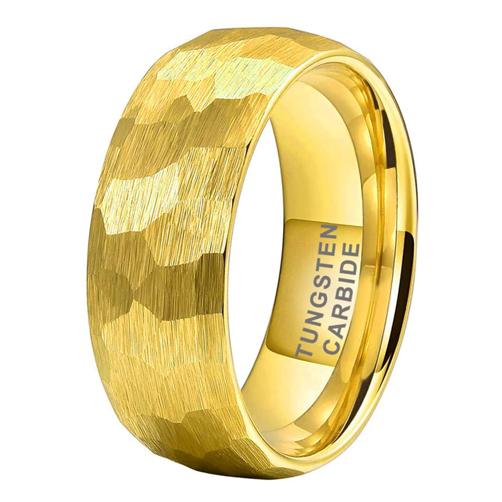 TUTISS 8mm Gold Hammered Tungsten Rings for Men Women Engagement Wedding Bands Domed Matte Finish Comfort Fit Size 10