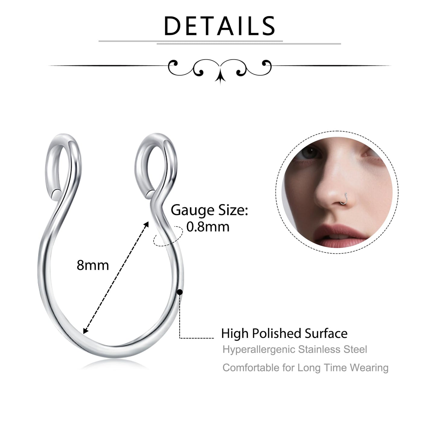 D.Bella Stainless Steel Hoop Earring, 20g Faux Septum Nose Ring, 8mm Non-Pierced Clip, Fashion Fake Piercing Jewelry for Women Men