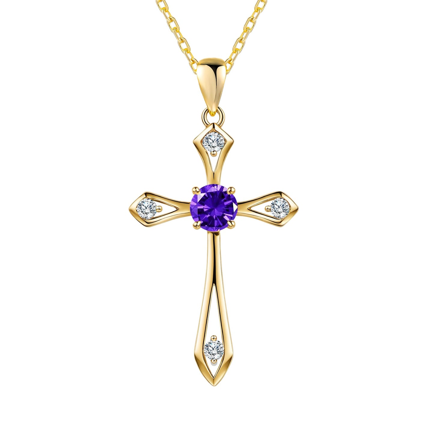 14K Gold Plated Solid Cross Necklace for Women,925 Sterling Silver Ladies Faith Cross Birthstone Pendant Christian Religious Confirmation Baptism Everyday Fine Jewelry Anniversary Birthday Gifts for Mom,Girlfriend,Grandma,Sisters