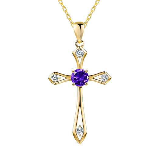 14K Gold Plated Solid Cross Necklace for Women,925 Sterling Silver Ladies Faith Cross Birthstone Pendant Christian Religious Confirmation Baptism Everyday Fine Jewelry Anniversary Birthday Gifts for Mom,Girlfriend,Grandma,Sisters