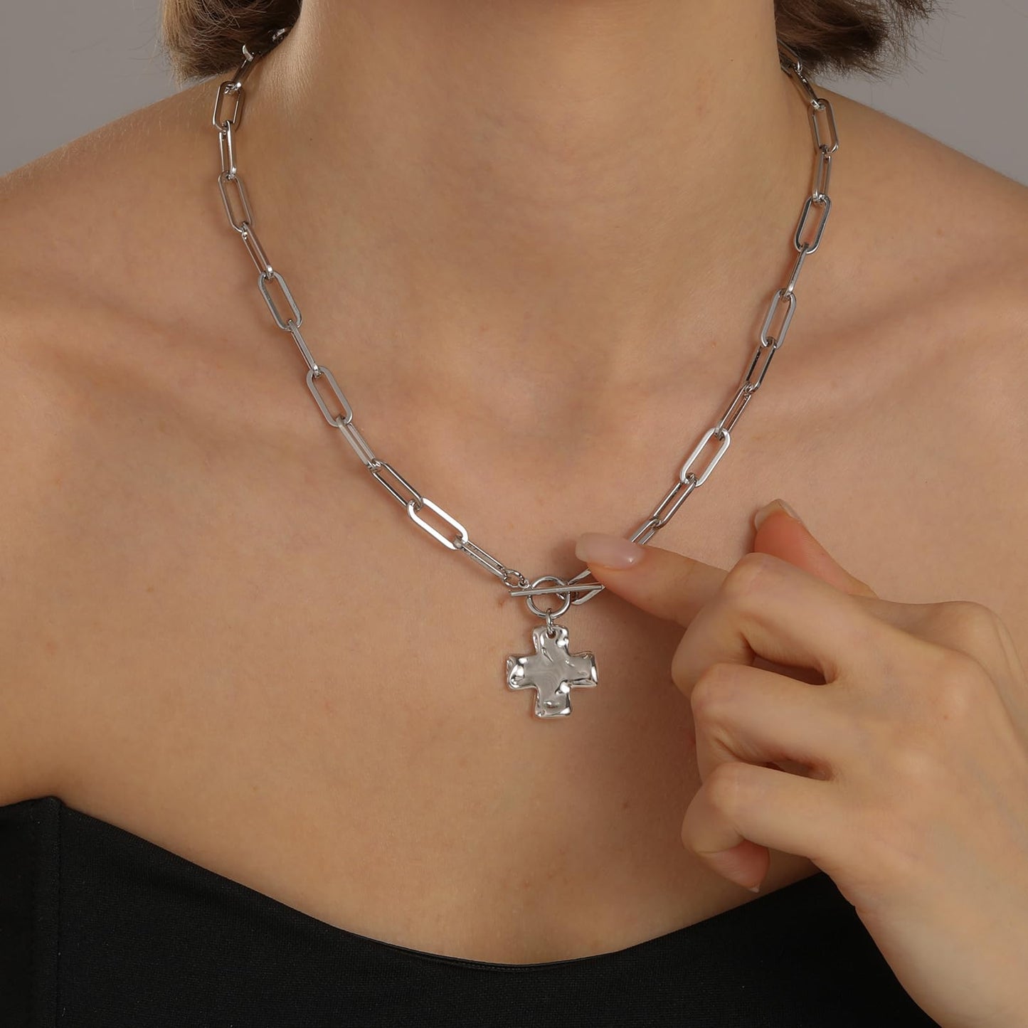 Bheop Chunky Cross Necklace for Women Trendy Silver Plated Statement Cross Pendant Charm Necklace Toggle Clasp Long Big Paperclip Faith Chain Costume Jewelry Gift Non Tarnish 2CM