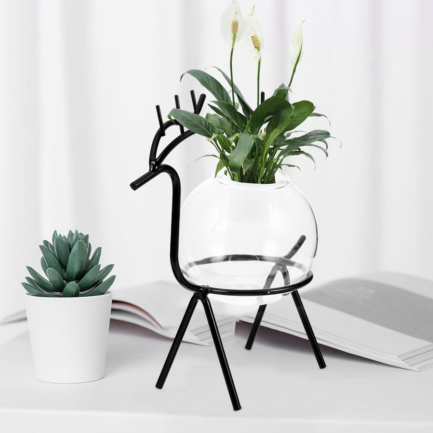 Operitacx Glass Hydroponic Vase with Metal Stand, Small Glass Plants Container for Desktop Terrarium Planter, Black Animal Decorative Flower Vase for Home and Office Décor