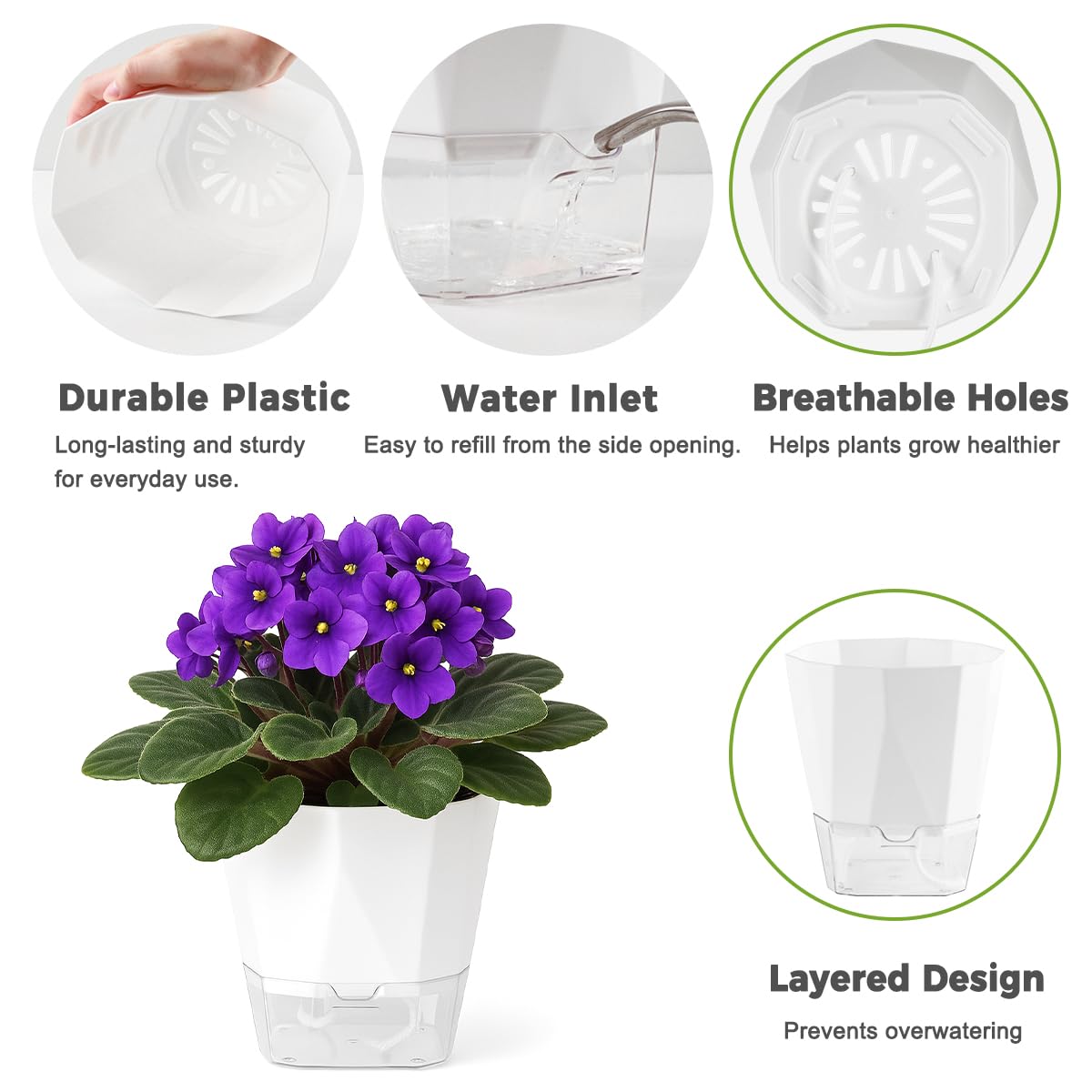 2 Pack Self Watering Pots for Indoor Plants, 8.4 Inches Self Watering Planters Large African Violet Self Watering Clear Pots for Plants Large Herb Orchid Flower Houseplant Pots, White