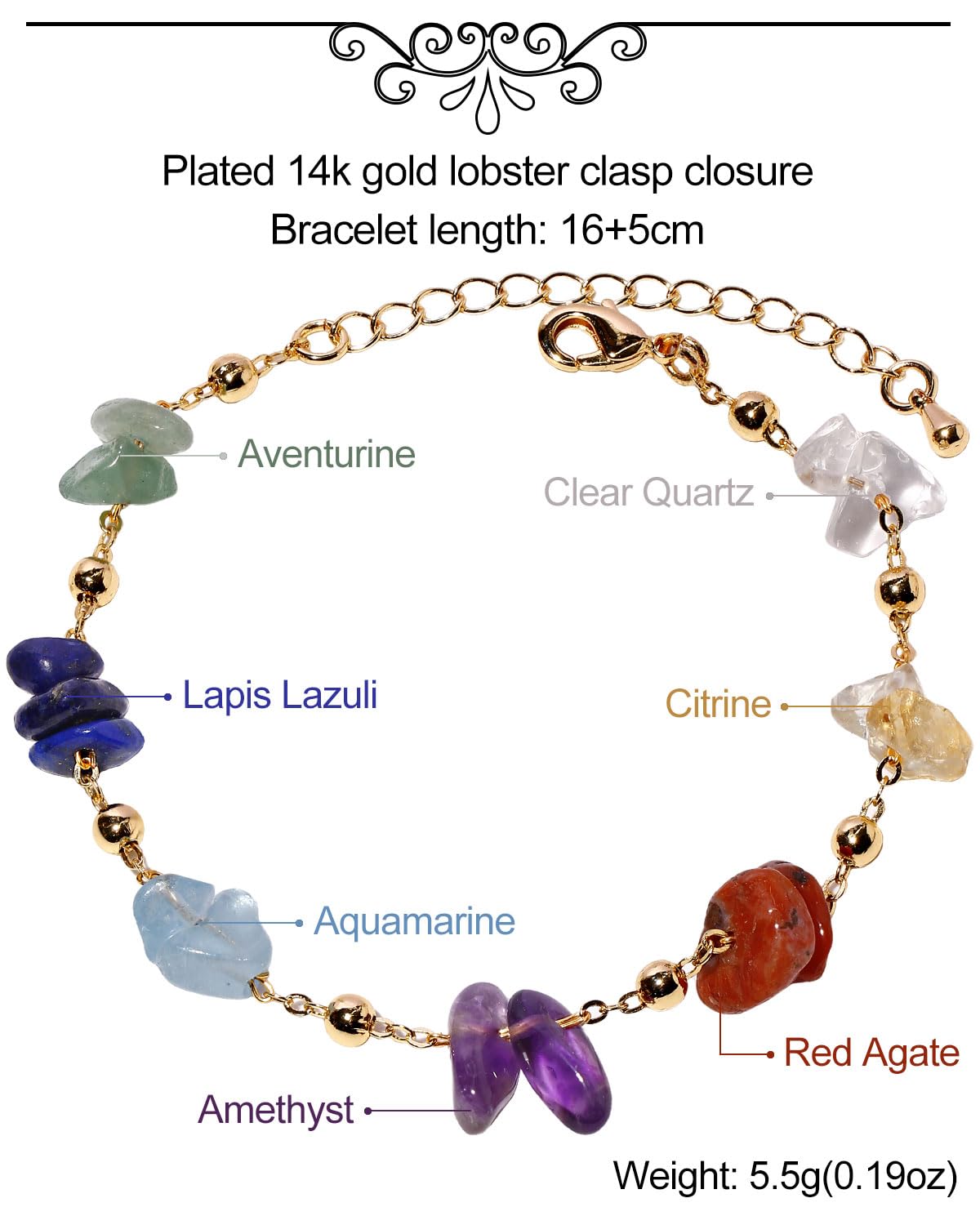 Xfoxstal 7 Chakra Reiki Gemstones Plated 14k Gold Chain Bracelets for Women Meditation Colorful Crystal Chips Beaded Bracelets (6″-8″)