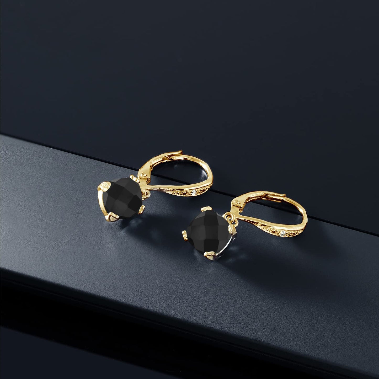 Gem Stone King Drop Dangle Earrings For Women | 7MM Cushion Cut Gemstone Birthstone and Diamond | 925 Sterling Silver | Jewelry Gift for Mom Wife Her | Onyx-Checkerboard-December | Yellow Gold