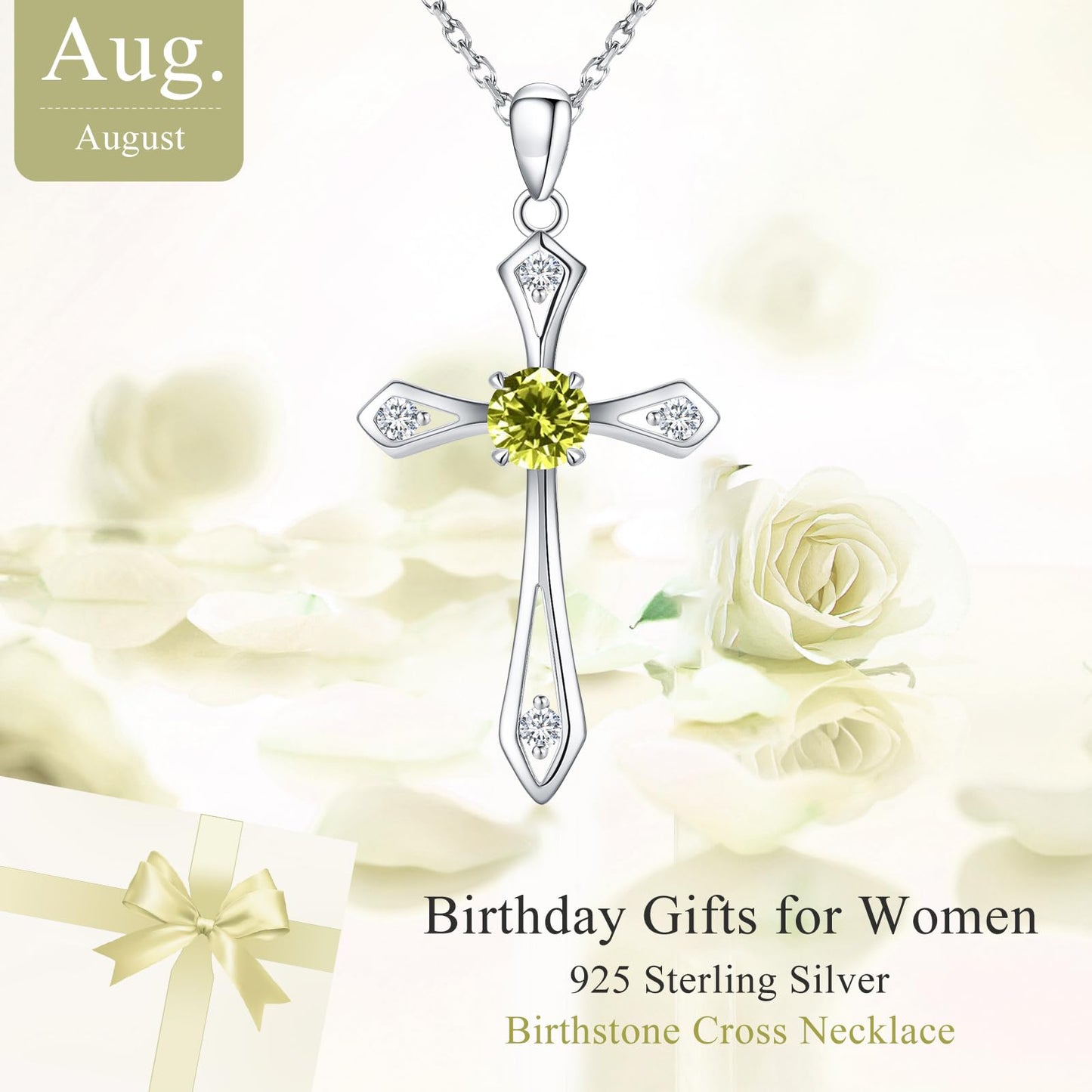 QUALISE Cross Necklace for Women,925 Sterling Silver August Birthstone Necklace Cross Pendant 5A CZ 12 Birth Months Birthstone Fine Jewelry Birthday Gifts for Her Wife Mom