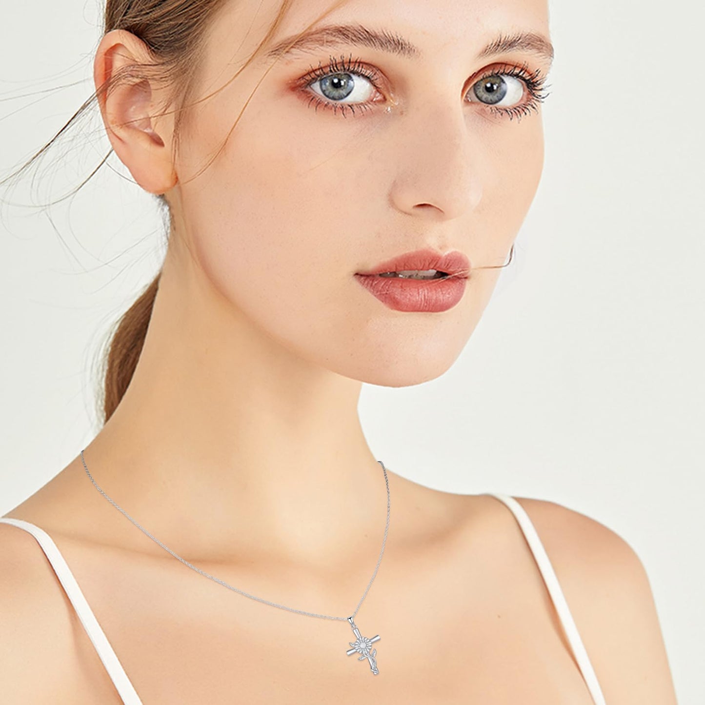 MOPOPOK Daisy Cross Necklace 925 Sterling Silver Daisy Pendant Necklace Cross jewelry Gift for Women Mom Daughter