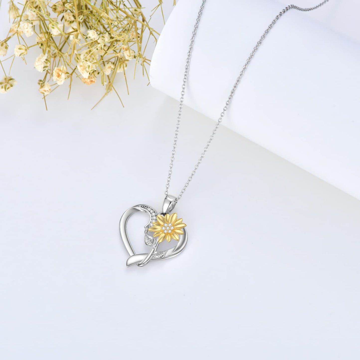 ZBA Diamond Sunflower Necklace for Women Sterling Silver Heart Pendant Jewelry, Anniversary Valentines Mothers Day Gifts for Mom Mother Girlfriend Her Sunflower Lover