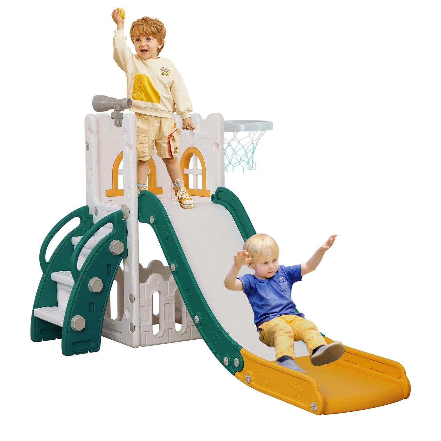 LulliSpace 6 in 1 Toddler Slide,Kids Climber Slider for Indoor Outdoor Playground with Basketball Hoop,Storage and Telescope,L Shaped Slide for Toddler Climber Playset