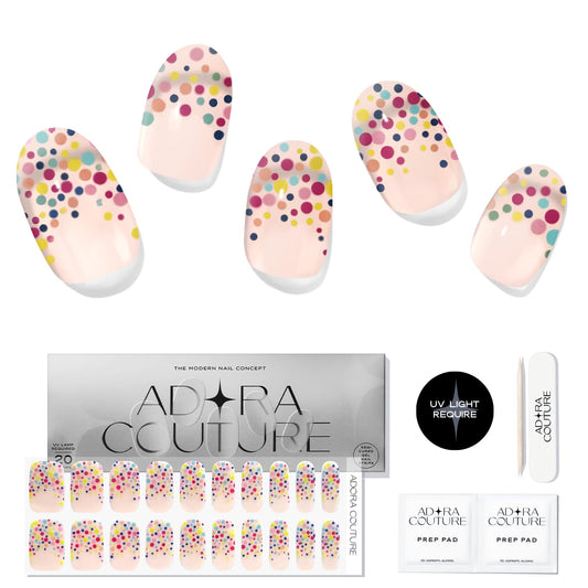 Adora Couture Semi Cured Gel Nail Strips with 20 Pieces - UV Gel Stickers, Manicure Kit, Easy Application Wraps Includes Prep Pads, Nail File, Wooden Stick - UV Light Required (Sprinkles)
