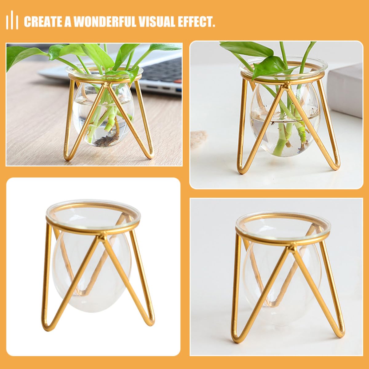 NULYLU Glass Flower Holder with Metal Stand, Small Gold Hydroponic Plant Pot Terrarium Vase for Desk and Office Decor, Decorative Succulent and Green Plant Container