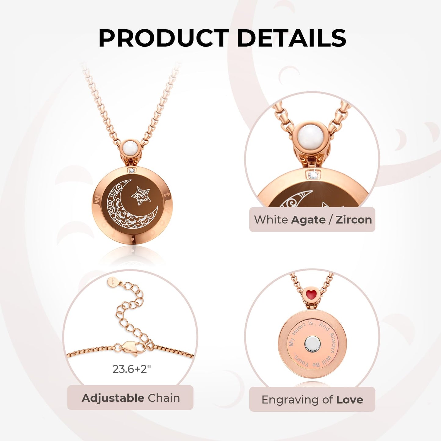 Single Long Distance Touch Necklace for Couples, Vibration & Light Up Smart Love Jewelry, Long Distance Relationship Gifts for Girlfriend Boyfriend Her Him, One-to-One Bluetooth Pairing via the Companion App,Gold Moon
