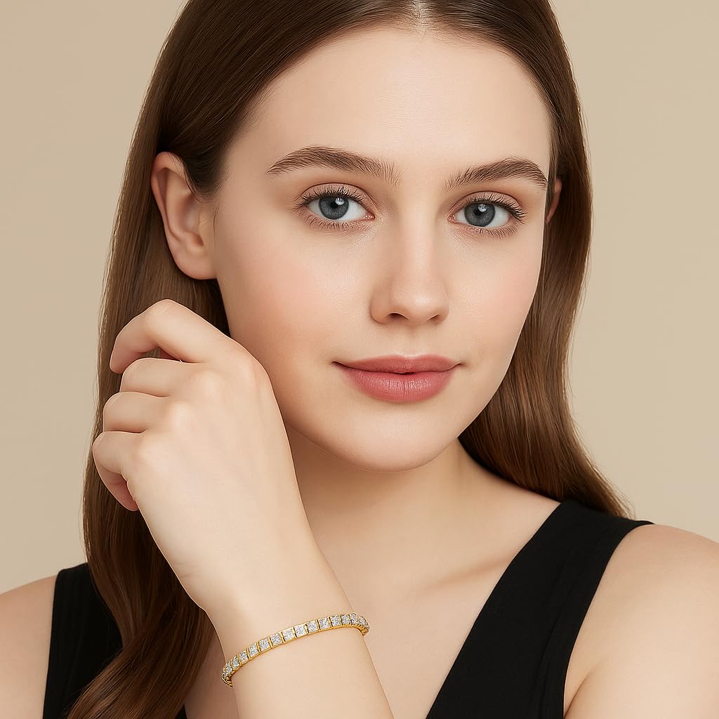MINDDHA Tennis Bracelets| 3.5mm Cubic Zirconia Tennis Bracelets for Women | Gold Color | Princess-cut Square Shape| Size 7.5 Inch