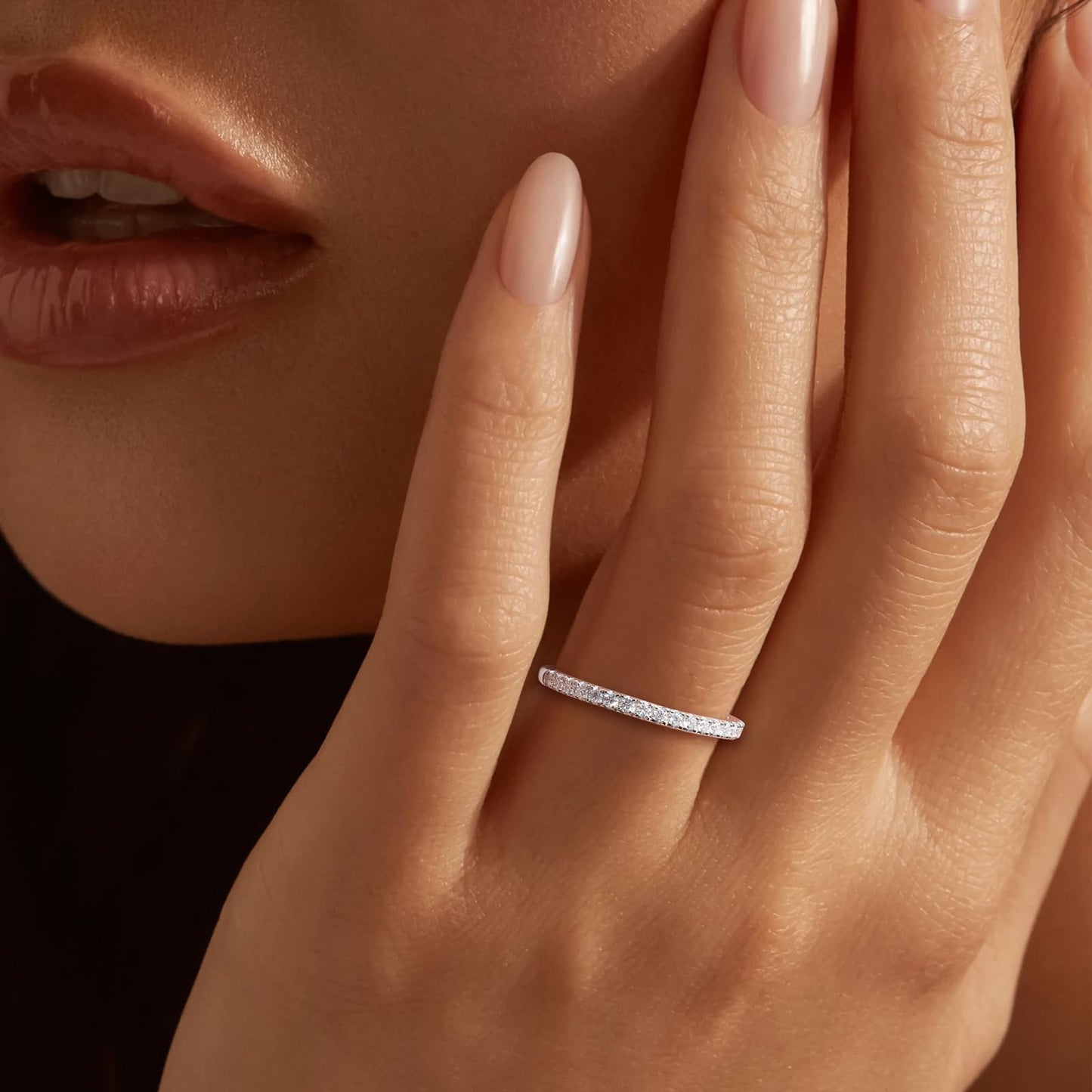AGRULE Moissanite Eternity Band Ring 0.25 Cttw 14k White Gold Plated Sterling Silver Bezel Set Anniversary Ring 1.4mm Wide Wedding Band for Men Women, Size 8