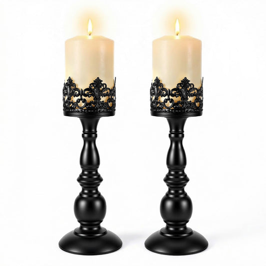 Afcabakila 2PCS Candle Holders for Pillar Candles Gothic Matte Black Vintage Tall Candle Holders Set Table Centerpiece Set Iron Candle Stand Decor