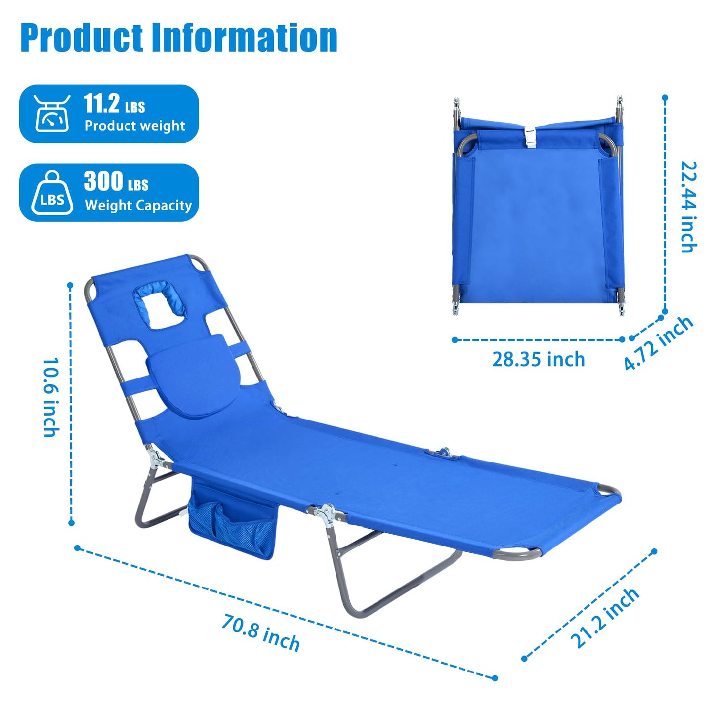 SUNNYFEEL Lay Flat Tanning Chair 2 Pack with Face Down Hole & Arm Slots, Backpack Beach Lounge Chair, 5-Position Folding Sunbathing Chair, 300 LBS Heavy Duty, 72" L x 22" W for Beach, Pool, Camping