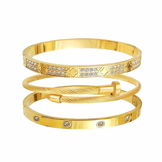 18K Gold Plated Nail Bracelets Set for Women Clovers Bangle Love Bangle Cubic Zirconia Bracelet 3Pcs Stackable Bracelet Set Trendy Gifts for Women