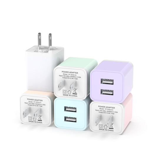 6Pack USB Wall Charger, iGENJUN 2.4A Dual USB Port Cube Power Plug Adapter Fast Phone Charger Block Charging Box Brick for iPhone 15/15 Pro/15 Pro Max/14, Samsung Galaxy, Pixel, LG, Android-Multicolor