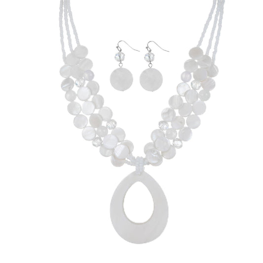 Aenu Multi-Strand Beaded Necklace with Teardrop Pendant Colorful Beads Statement Jewelry Set for Women (White)