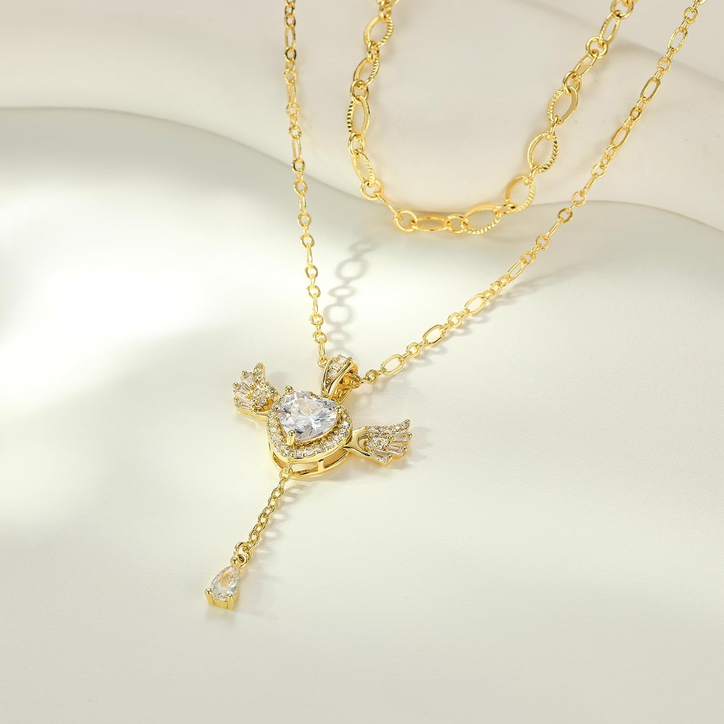 MEIITRUE Heart Necklace for Women Trendy,14k Gold Plated Dainty Layered Necklaces Set Cubic Zirconia Love Drop Pendant with Movable Wings Personalized Choker Chain Jewelry Gift White