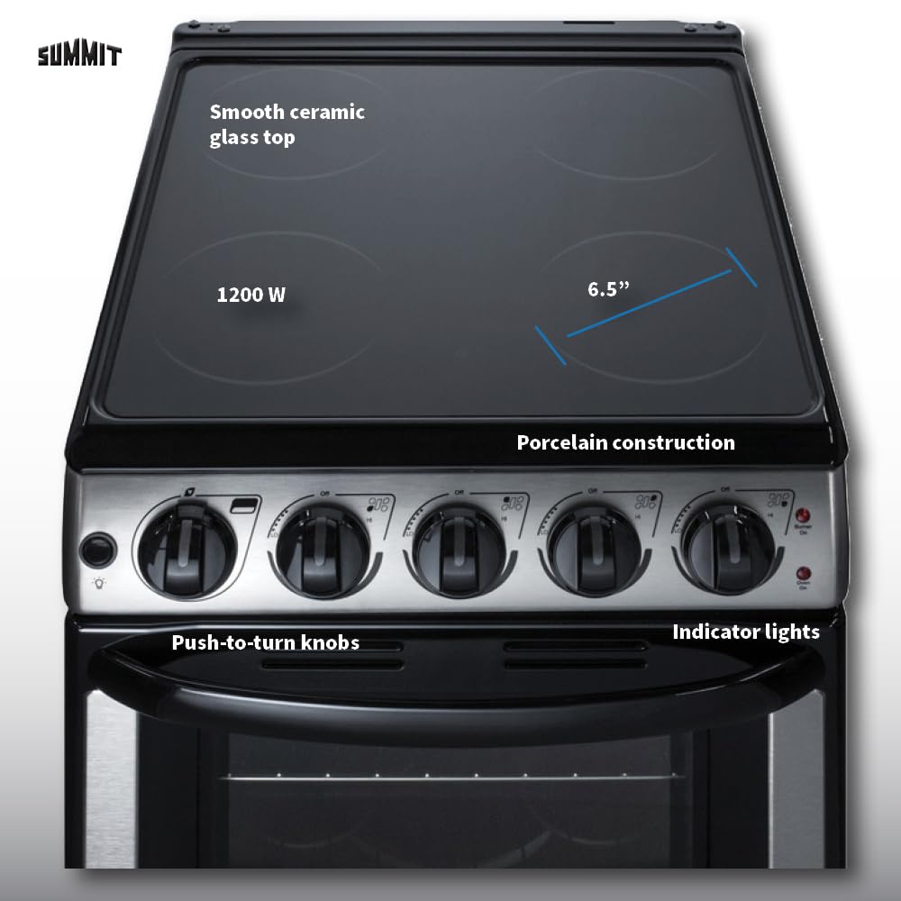 Summit 20” Electric Range, 2.3 cu.ft.Capacity Oven, Smooth Top, 220V 4 Burner Range- REX2071SSRT