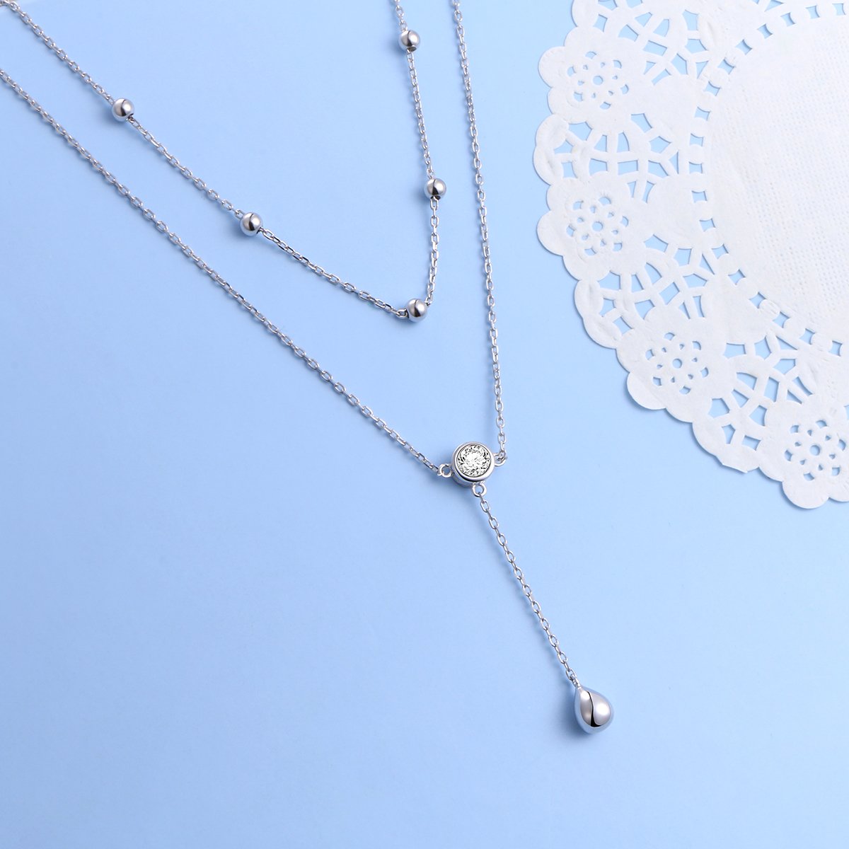 FLYOW Layered Necklace S925 Sterling Silver Teardrop Double Choker Y Lariat Long Necklace Mothers Day Birthday Gifts for Women
