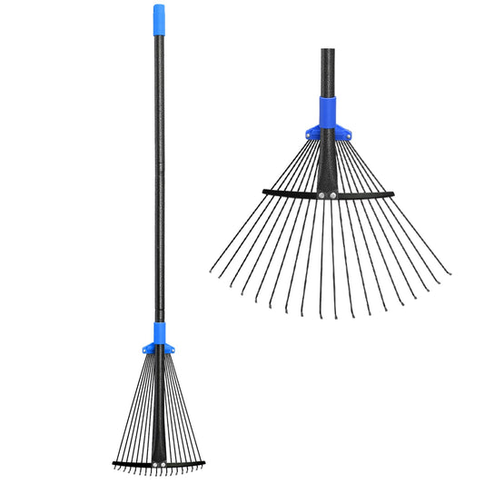 Adjustable Metal Leaf Rake Long Handle, Garden Rakes for Lawns Heavy Duty Leaves with Expandable Head 8-17", Yard Women Kids Rake for Gardening RV Camping