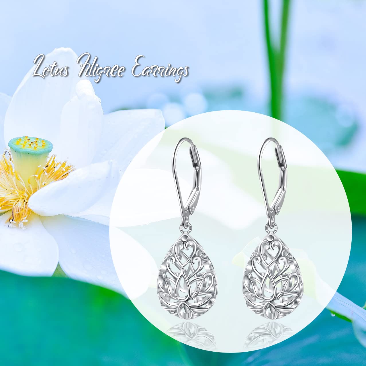 SHAOAN 925 Sterling Silver Filigree Dangle Drop Earrings Flower Lotus Leverback Teardrop Earrings for Women Mother’s Day