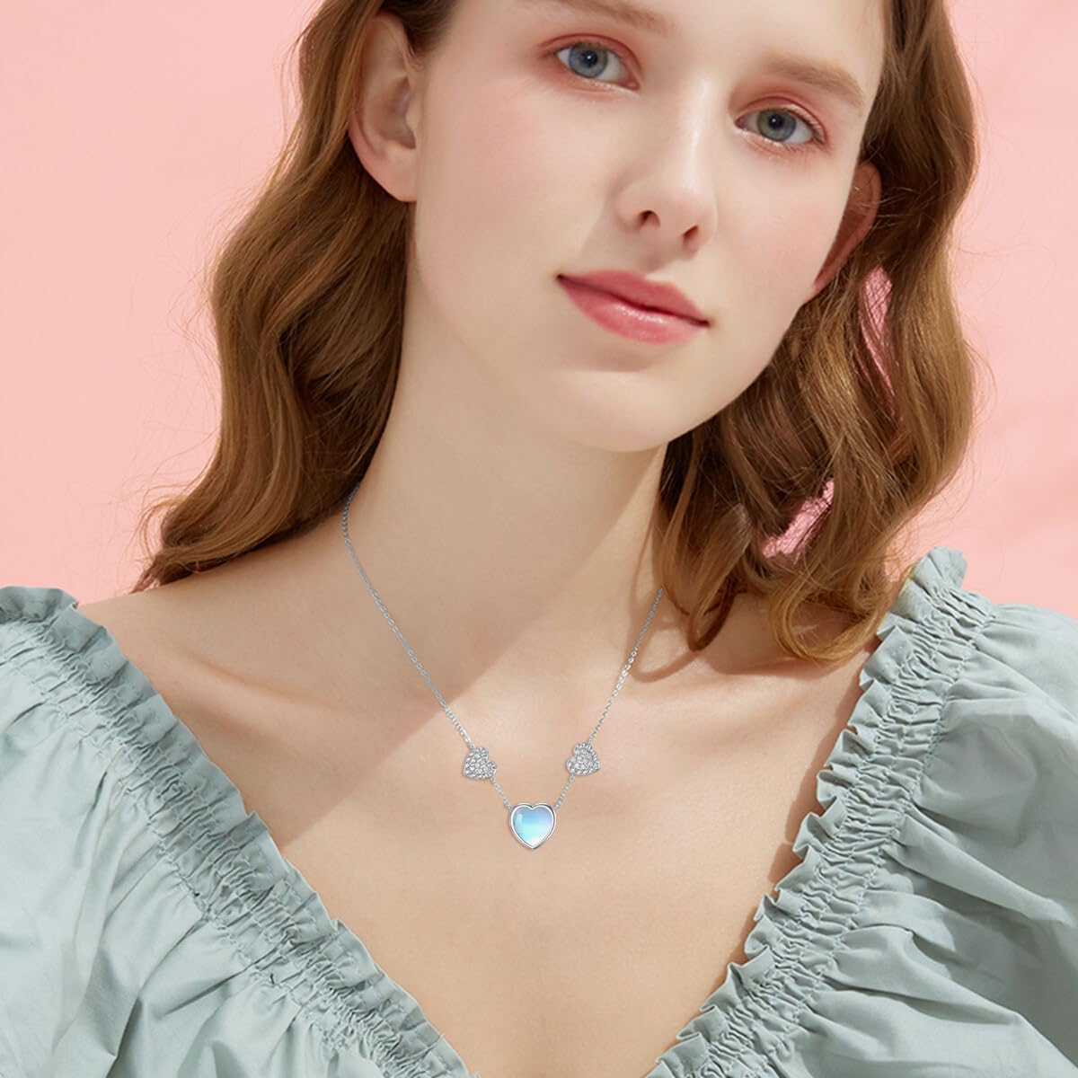 OUTANG Moonstone Heart Necklace for Women 925 Sterling Silver Moonstone Stone Heart Pendant Jewelry Gift for Her