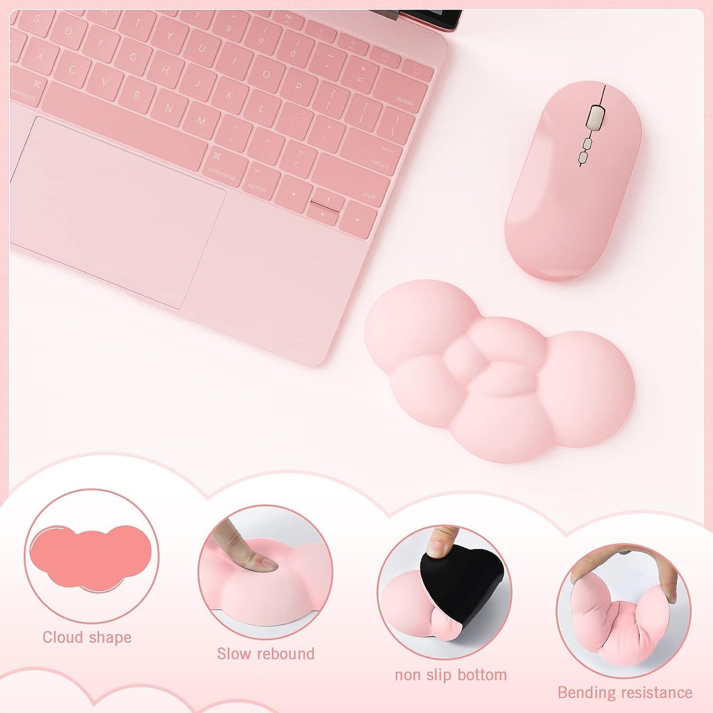 ATTACK SHARK Cloud Wrist Rest Mousepad Set for Gaming Keyboard and Mouse(31.3x11.6in) XXLarge Desk Mat Gel Wrist Support,PU Soft Memory Foam,Pain Relief,Non Slip Office Supplies for PC/Laptop-Pink