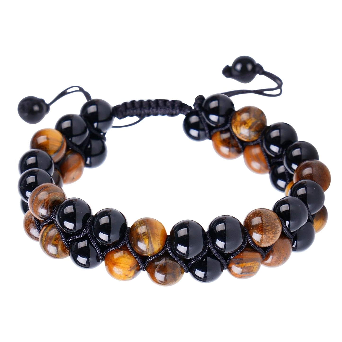PAKUNDAS Handmade Double Protection Beaded Bracelet for Men Women 8mm Natural Tiger Eye Hematite Stone Adjustable Stretch Crystal Healing Jewelry