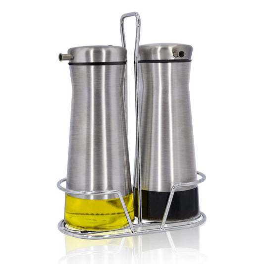 Aelga Oil And Vinegar Dispenser Set with Caddy - 2 Pack Oil Dispenser Bottle for Kitchen with No-Drip - Kitchen Decor and Accessories for Home Restaurants Weddings