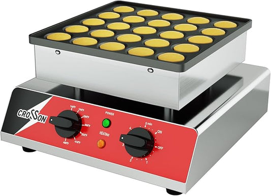 CROSSON Mini Pancake Maker, 25PCS 43mm Diameter Dutch Muffin Waffle Baker, Non-stick Stainless Steel Poffertjes Grill, Commercial Electric Dorayaki Machine W/Temp & Time Control 120V/850W