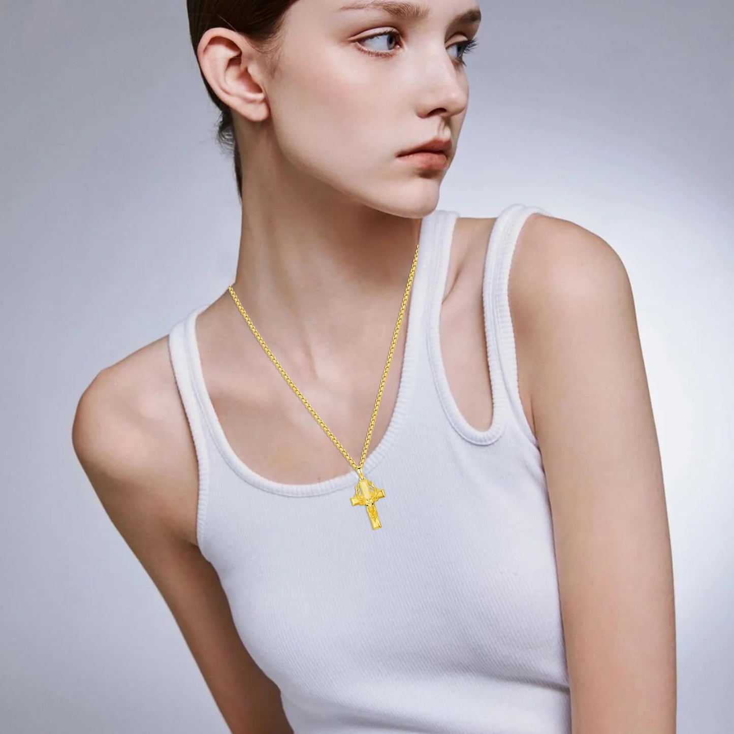 YEESIA Cross Necklace for Men Women, 925 Sterling Silver Gold Deer Cross Pendant Necklace, Christian Jewelry for Men Women