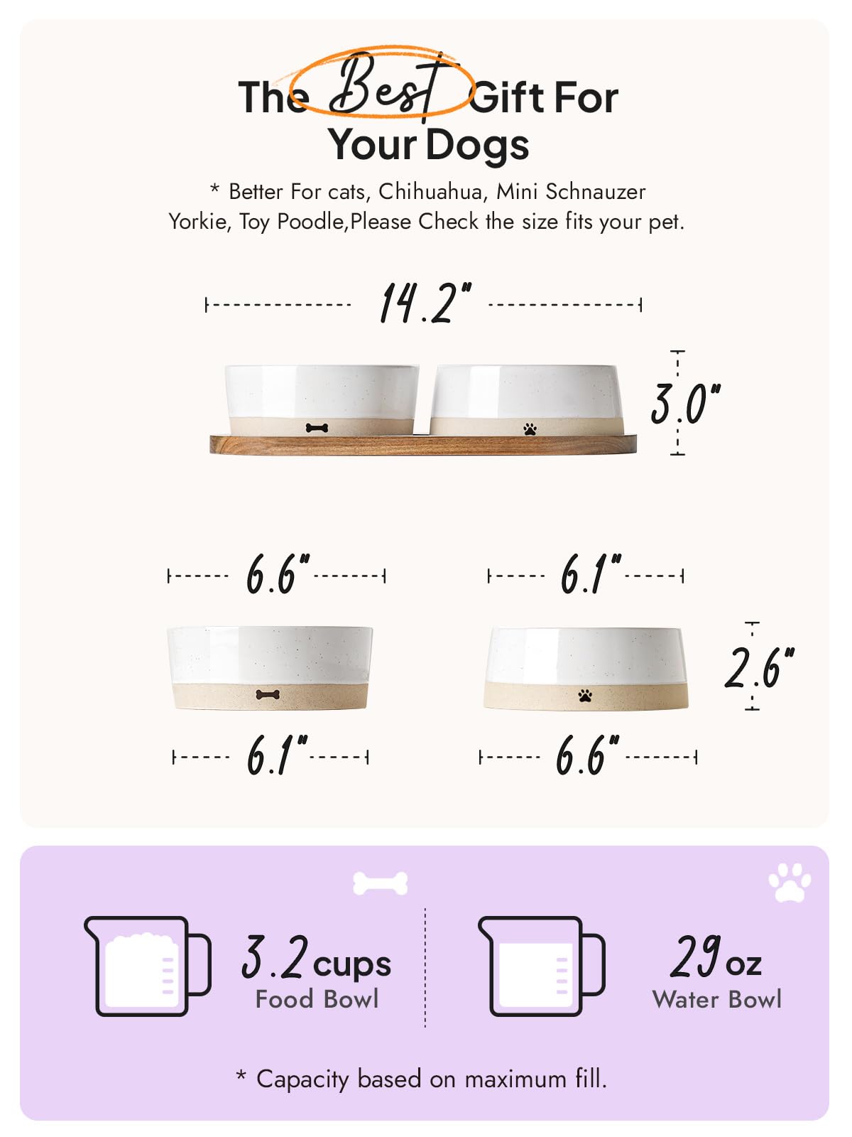 LE TAUCI PET Ceramic Dog Bowls for Medium and Small Dogs - 3.2 Cup Weighted Non-Slip Food and Water Bowls with Acacia Wood Tray, Pet Bowl Set of 2