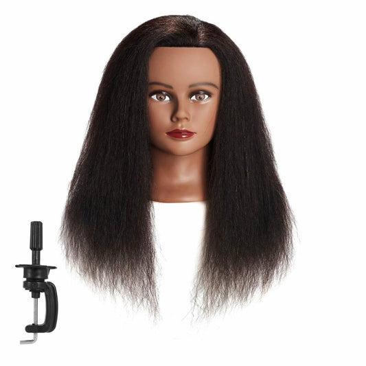 Mannequin Head 100% Real Hair 16 Inch Training Head Manikin for Hairdresser Training and Styling Practice Cosmetology Doll Head Practice Braiding Hair - With Clamp Stand