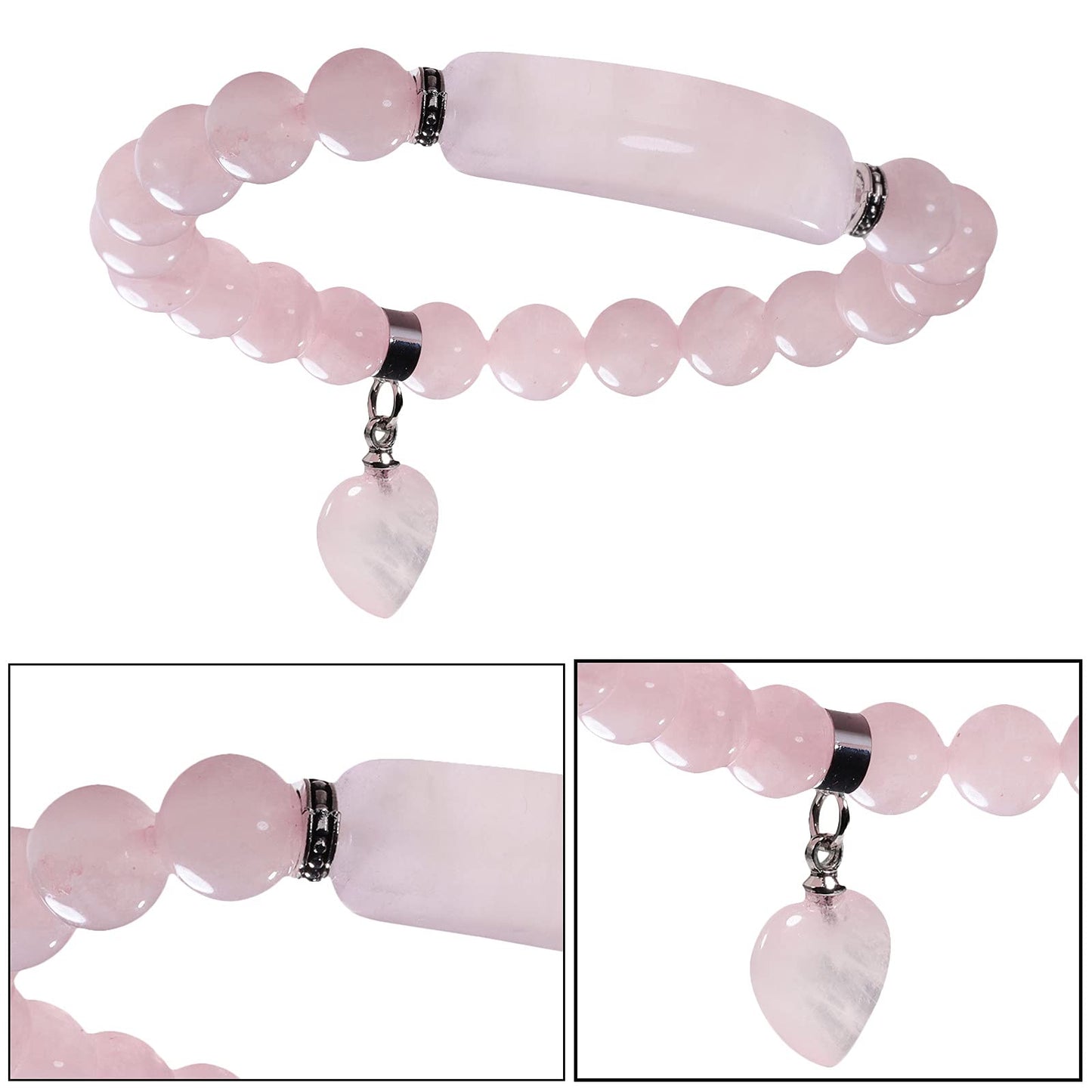TUMBEELLUWA Healing Stone Bracelet 8mm Beads Chakra Crystal Energy Heart Charm Bracelet Handmade Jewelry for Women, Rose Quartz
