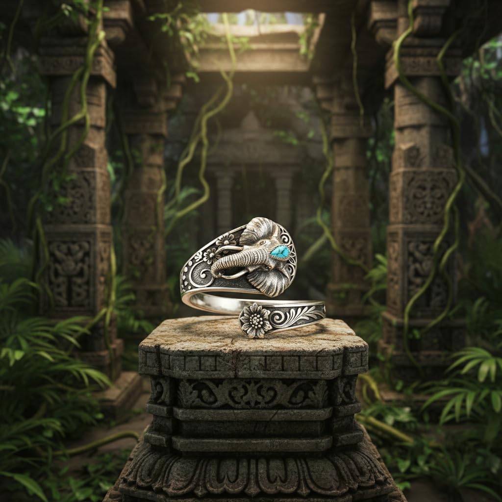 Midari Western Elephant Spoon Rings for Women 925 Sterling Silver Adjustable Elephant Turquoise Rings Boho Style Open Spoon Thumb Rings Elephant Jewelry for Women Men